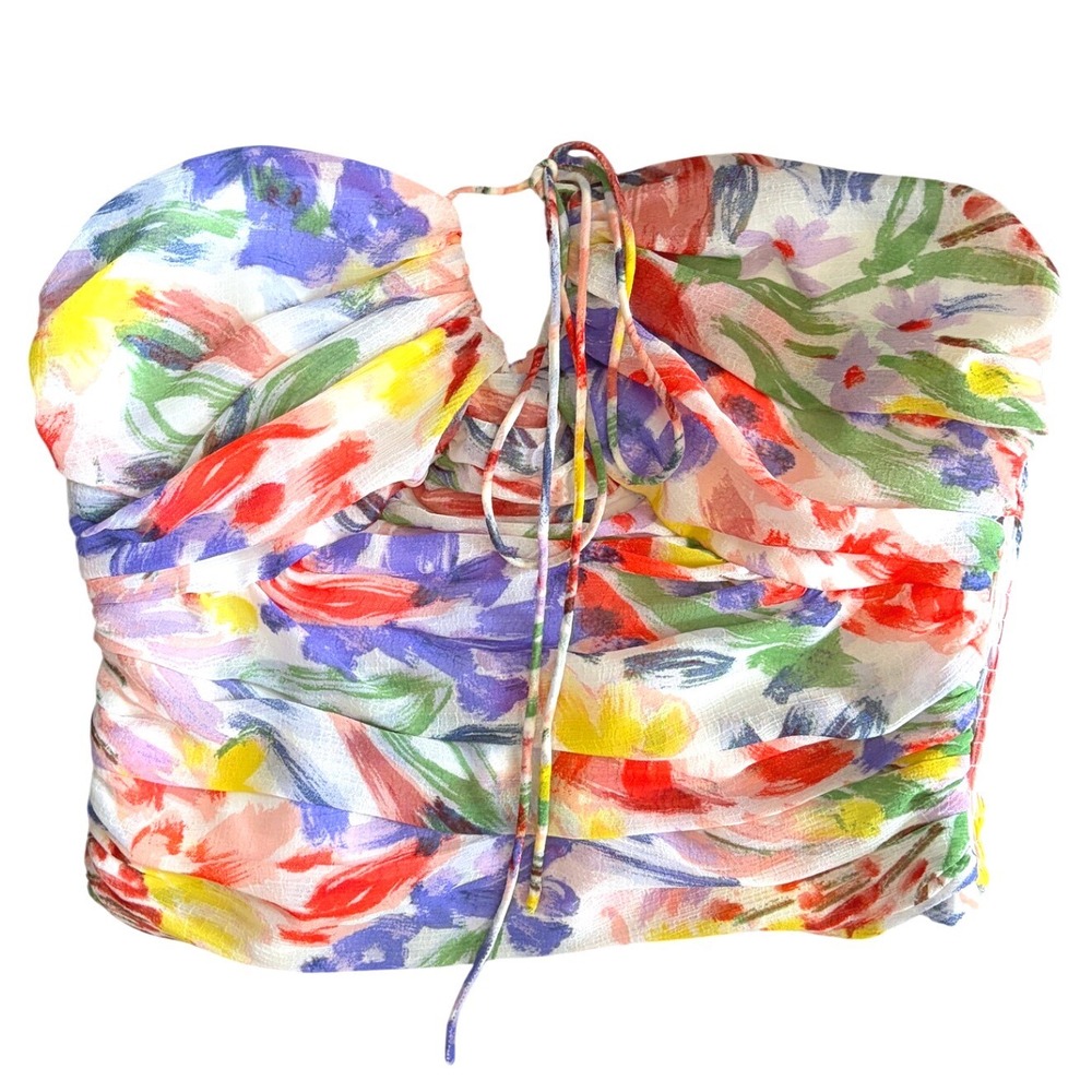 AQUA Strapless Floral‎ Chiffon Crop Top Multicolor Ruched Smocked M